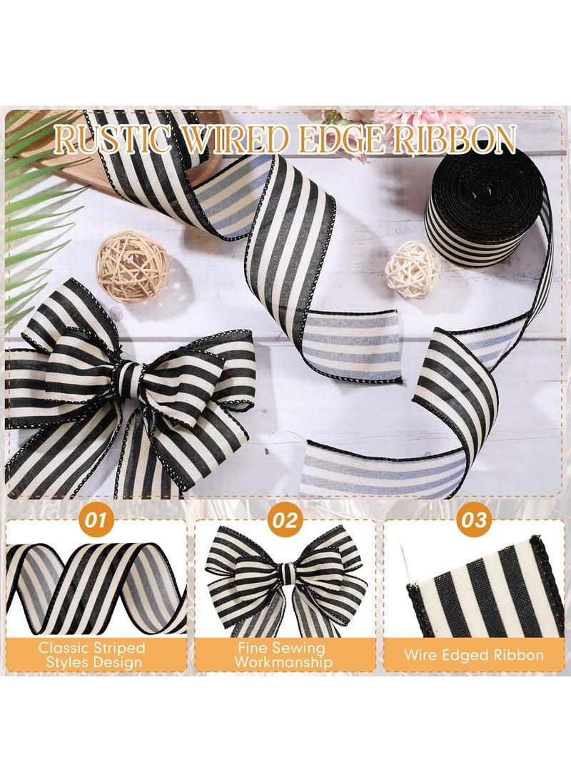 Moukeren Moukeren 4 Rolls 10 Yard Black and Cream White Wired Stripes Ribbon Rustic Ivory Boho Black and White Wired Edge Ribbon for Wreath Gift DIY Crafts Wedding Party Decoration2 Inch  - Image 3