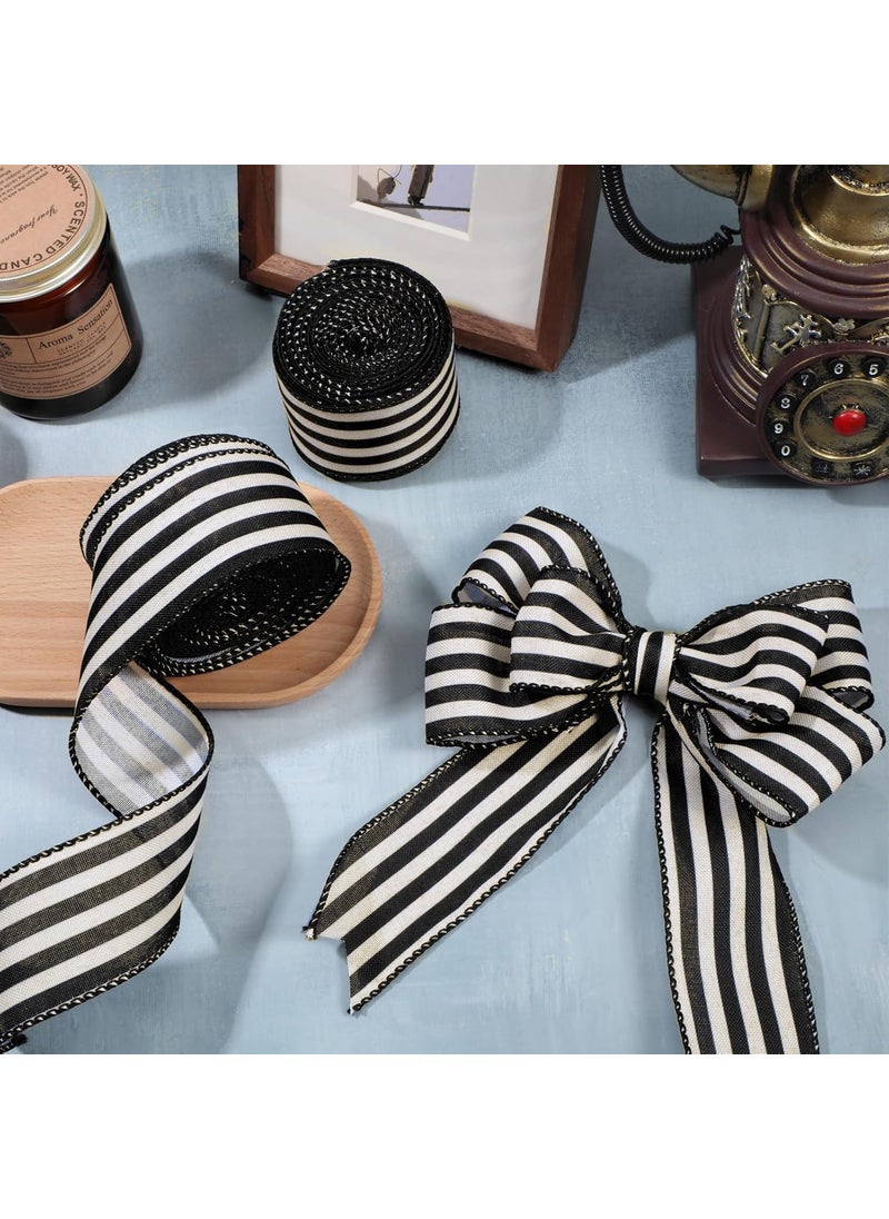 Moukeren Moukeren 4 Rolls 10 Yard Black and Cream White Wired Stripes Ribbon Rustic Ivory Boho Black and White Wired Edge Ribbon for Wreath Gift DIY Crafts Wedding Party Decoration2 Inch  - Image 5