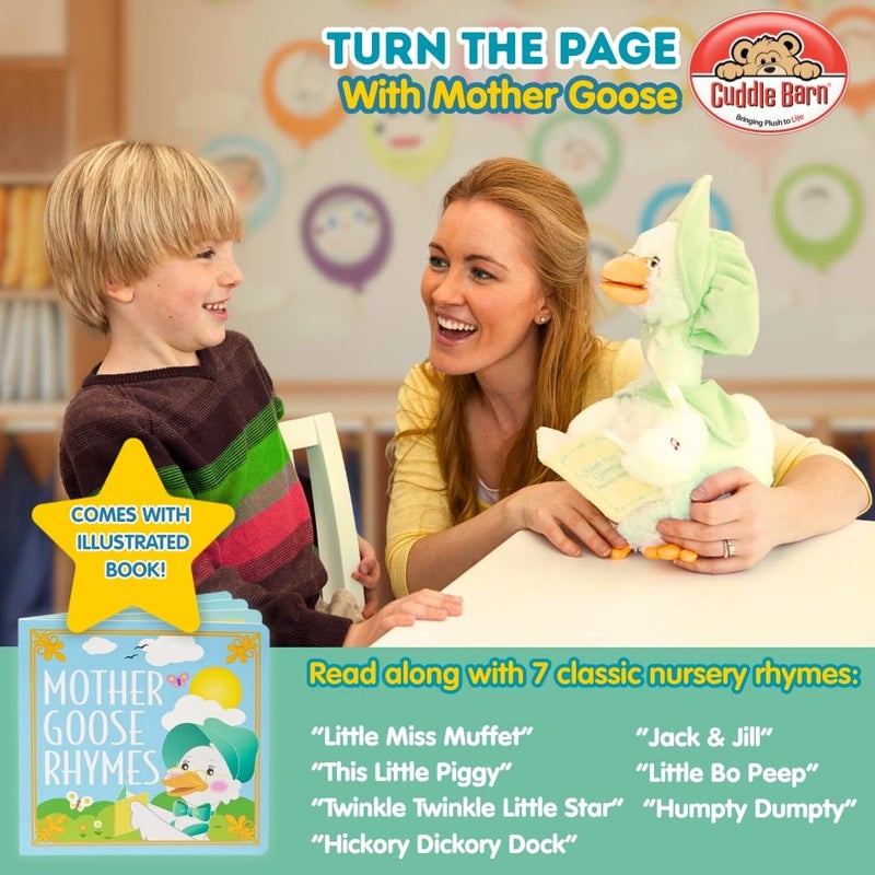 Cuddle Barn - Mother Goose Read-Along (Sage) | Animated Bird Plush with Mouth Movement Recites 7 Nursery Rhymes, Comes with Board Book, 14 inches - Image 3