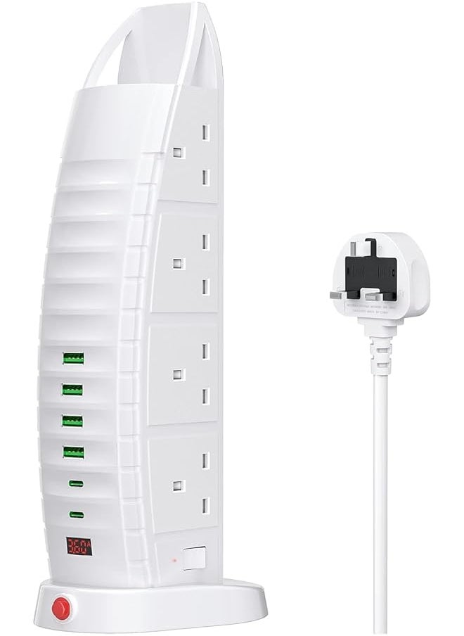 PROMASS Power Extension, 8 Outlets, 4 USB Ports, 2 Type-C Ports, 2 Meter Cord, Surge Protection, White, UAE Standard Tower Extension 