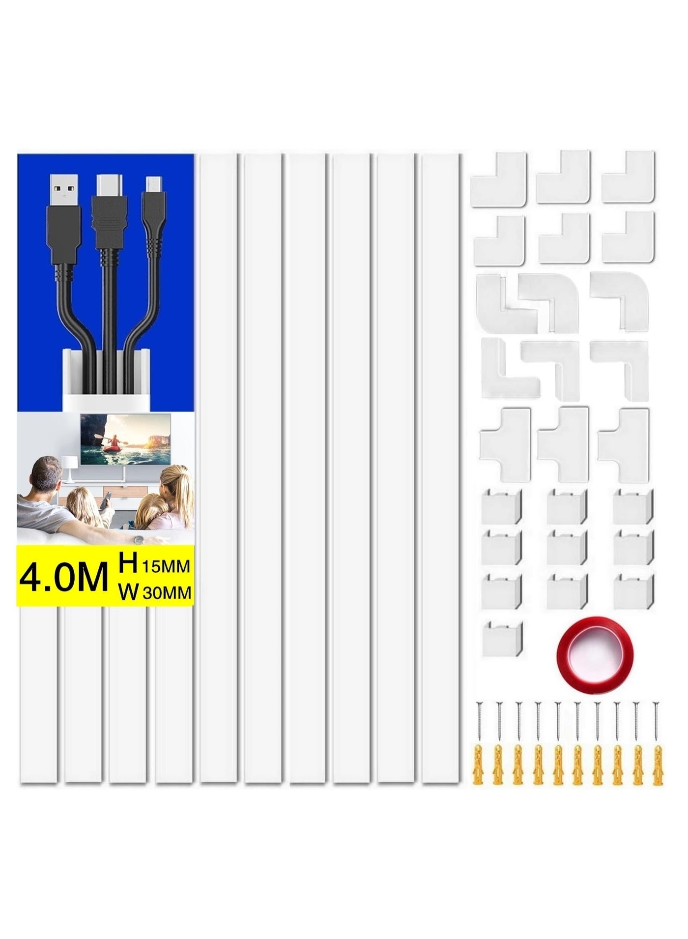 Beauenty Cord Hider,Cable Concealer Cord Cover Raceway Kit,Cord Organizer,Wire Hider with Connectors Adhesive Strips Upgraded Paintable Cable Cover for TV,Cable Raceway for Home Office (White 4M)