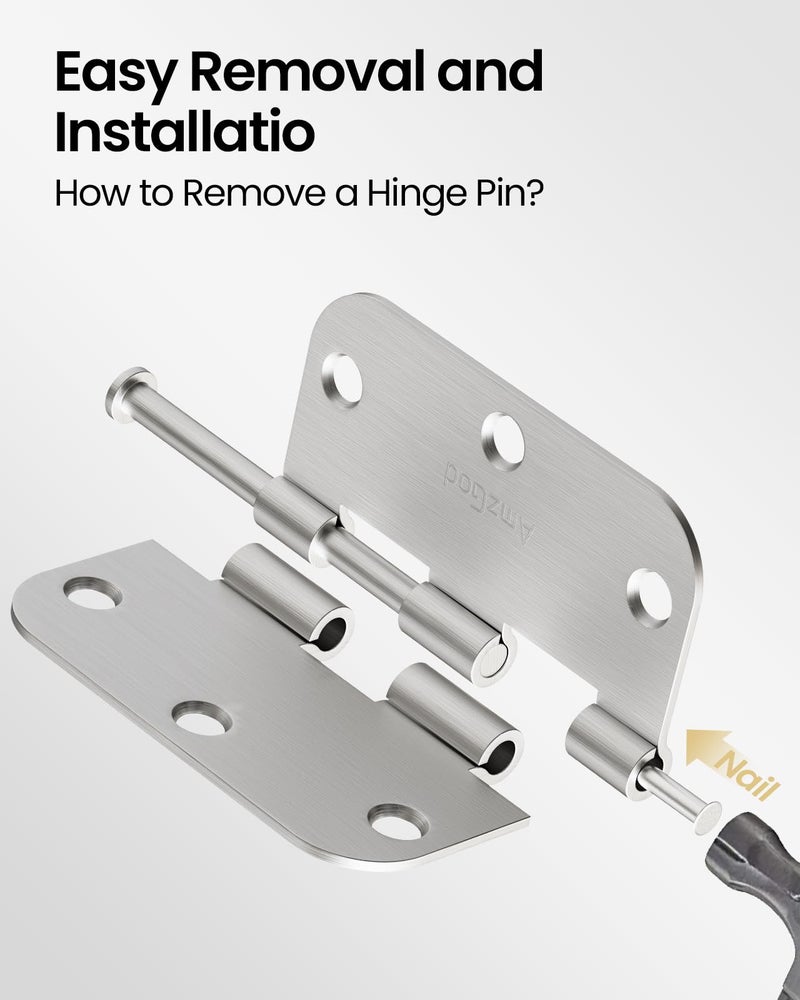 AmzGod Door Hinges Brushed Nickel - 12 Pack 3.5 Inch Rounded with 5/8" Radius Satin Nickel Door Hinges for Interior and Exterior Doors - Heavy Duty 3 1/2" Silver Residential Door Hardware - Image 4