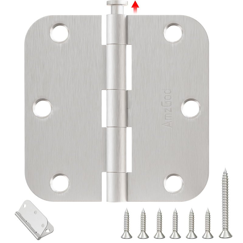 AmzGod Door Hinges Brushed Nickel - 12 Pack 3.5 Inch Rounded with 5/8" Radius Satin Nickel Door Hinges for Interior and Exterior Doors - Heavy Duty 3 1/2" Silver Residential Door Hardware - Image 1