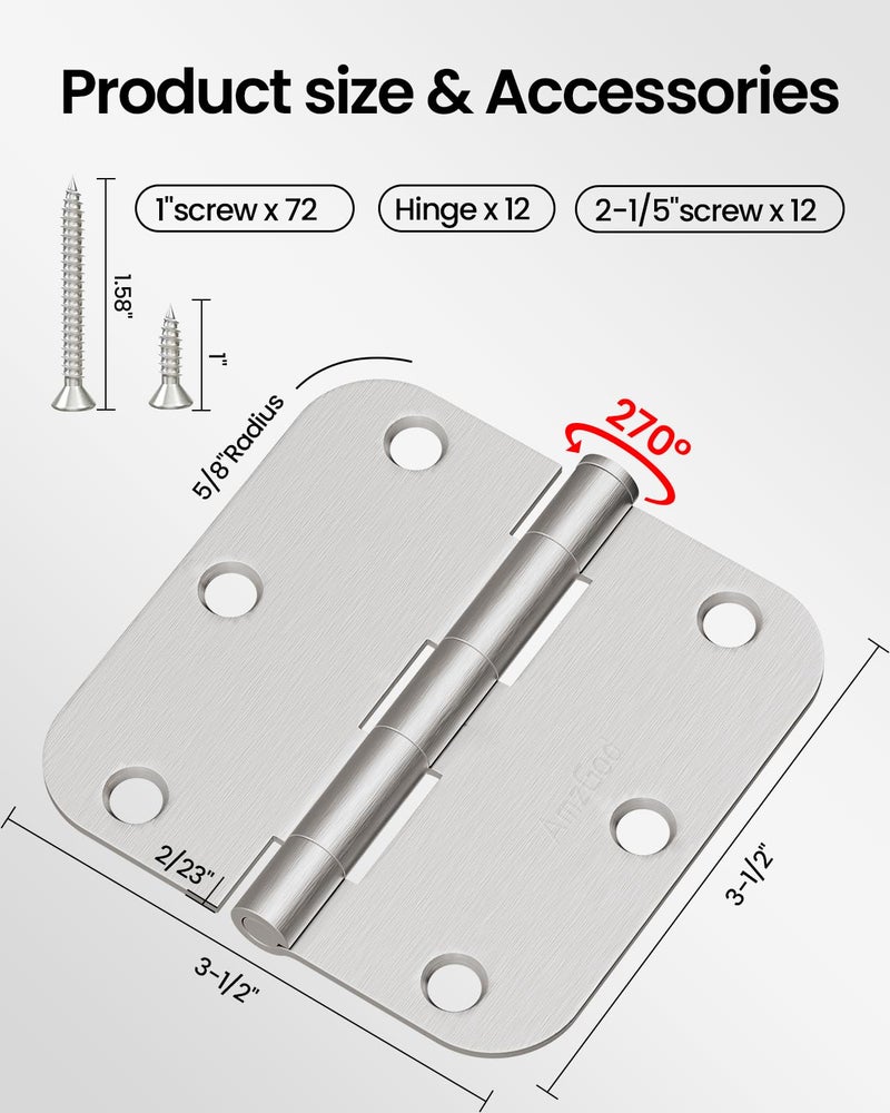 AmzGod Door Hinges Brushed Nickel - 12 Pack 3.5 Inch Rounded with 5/8" Radius Satin Nickel Door Hinges for Interior and Exterior Doors - Heavy Duty 3 1/2" Silver Residential Door Hardware - Image 2
