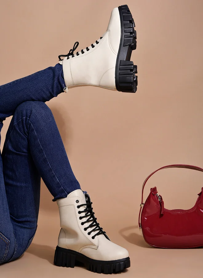 Shoetopia Shoetopia Women's Combat Boots Chunky Platform Lace-Up Ankle Boots with Lug Sole | Faux Leather Fashion Boots for Fall & Winter