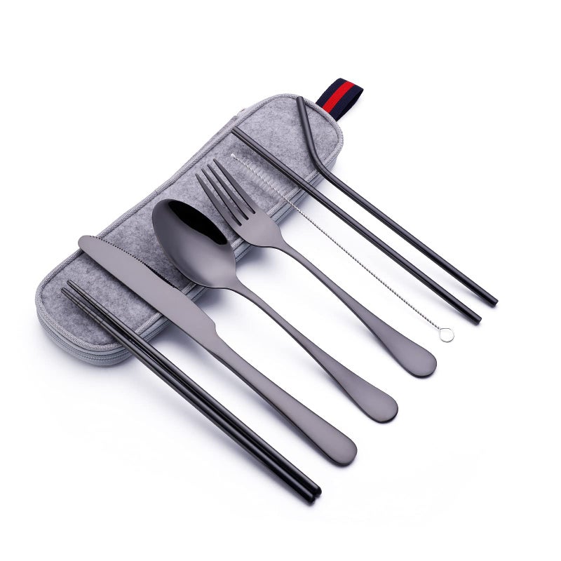 Kitiok Kitiok Reusable Travel Utensil Set With Case Black Travel Cutlery Set Portable Camping Silverware Set Portable Stainless Steel Flatware Set 8Piece DishwasherSafe