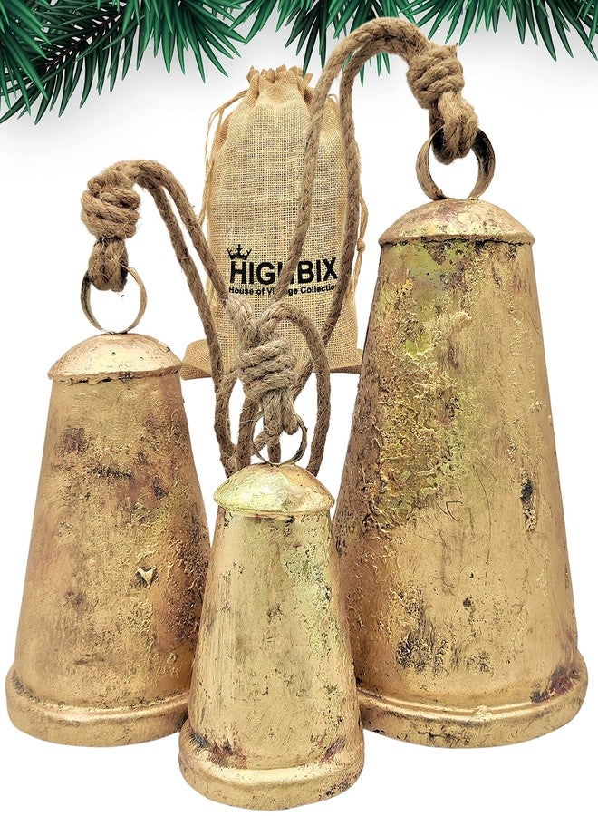 HIGHBIX Set of 3 Giant Harmony Cow Bells Huge Vintage Handmade Rustic Lucky Christmas Hanging Cone Bells (X-Large) - Image 1