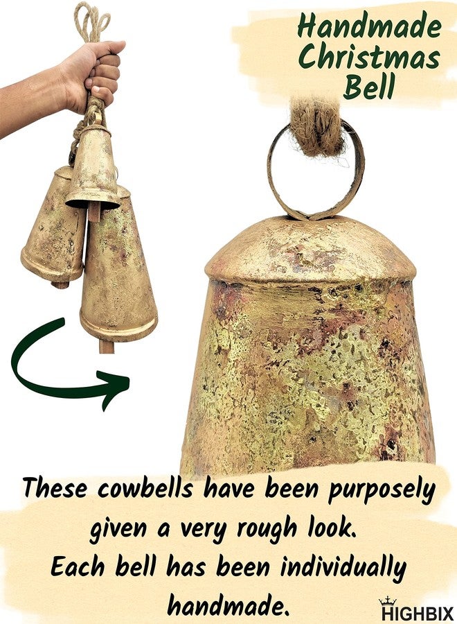 HIGHBIX Set of 3 Giant Harmony Cow Bells Huge Vintage Handmade Rustic Lucky Christmas Hanging Cone Bells (X-Large) - Image 4