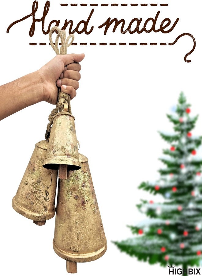 HIGHBIX Set of 3 Giant Harmony Cow Bells Huge Vintage Handmade Rustic Lucky Christmas Hanging Cone Bells (X-Large) - Image 3
