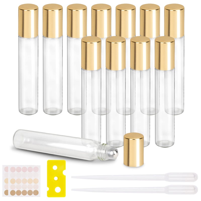 HMIEPRS 12PCS Essential Oil Roller Bottle Refillable Empty Glass Bottle with Stainless Steel Rollerball the Refillable Glass Set Includes 1PC Opener and 2PCS Dropper