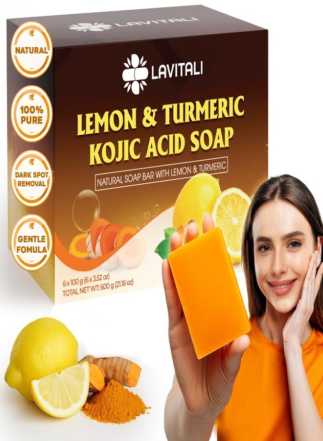 LaVitali صابون لافيتالي بالليمون والكركم وحمض الكوجيك، صابون طبيعي، مصنوع يدويًا، خالي من السكر/الكافيين/الجلوتين، 100% طبيعي ونقي من الليمون والكركم، تنظيف عميق لجميع أنواع البشرة، للعناية بالجسم، غسول الجسم 6 قطع - Image 1