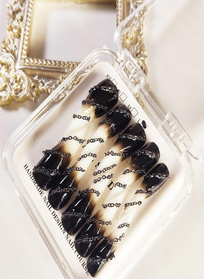KKUUOO 10Pcs Handmade Claw Press on Nails,Long Cats Claw 3D Chain Fake Nails with Black White Gradient Designs Gothic Thick Acrylic Nails Press Ons Glossy Stick on Nails for Women Girls (Size S) - Image 2