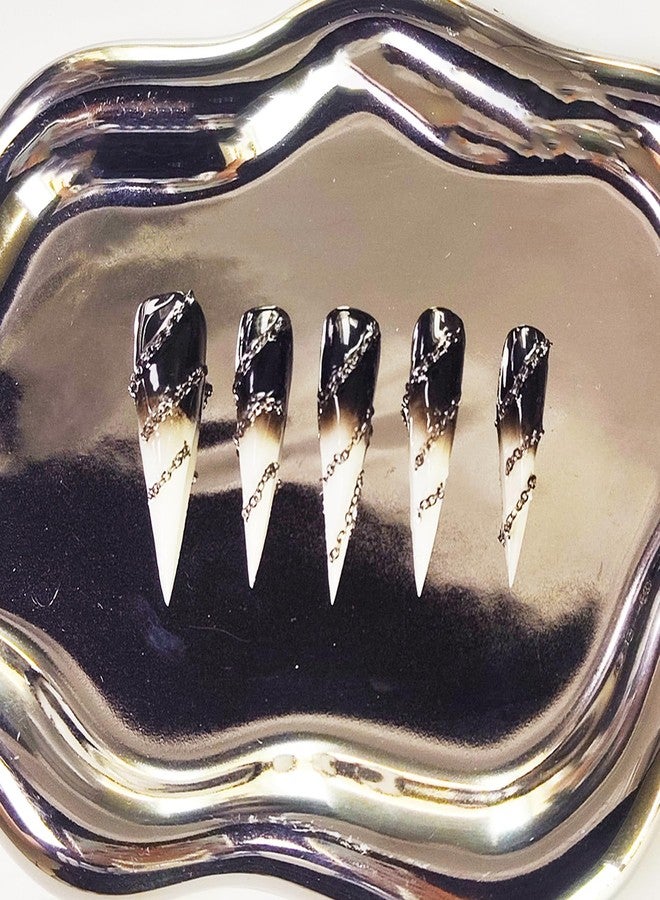 KKUUOO 10Pcs Handmade Claw Press on Nails,Long Cats Claw 3D Chain Fake Nails with Black White Gradient Designs Gothic Thick Acrylic Nails Press Ons Glossy Stick on Nails for Women Girls (Size S) - Image 3