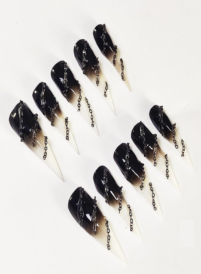 KKUUOO 10Pcs Handmade Claw Press on Nails,Long Cats Claw 3D Chain Fake Nails with Black White Gradient Designs Gothic Thick Acrylic Nails Press Ons Glossy Stick on Nails for Women Girls (Size S) - Image 4