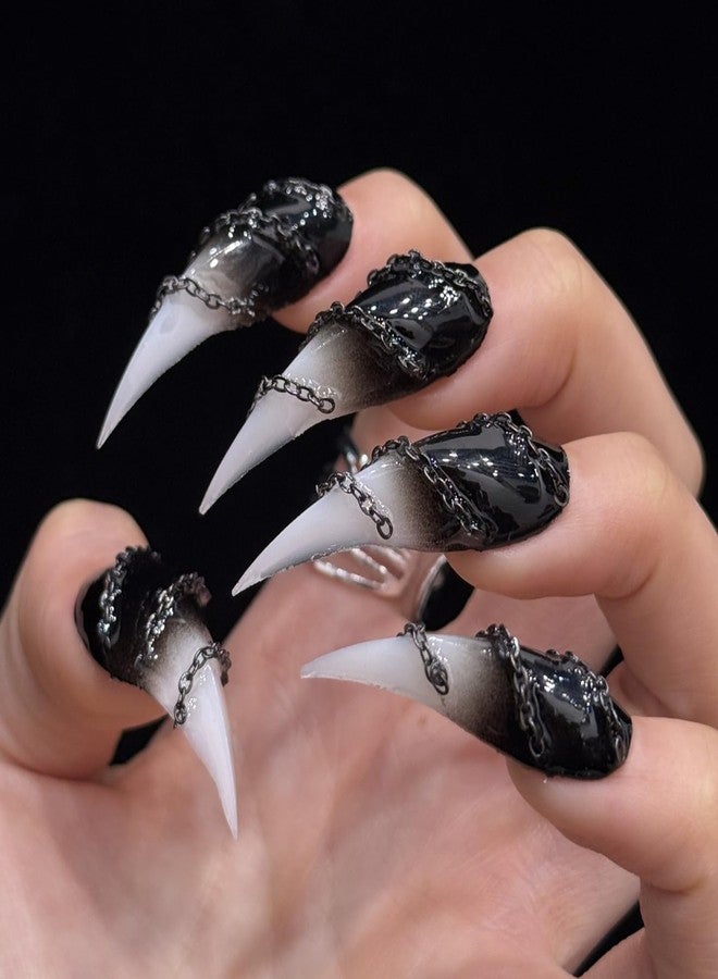 KKUUOO 10Pcs Handmade Claw Press on Nails,Long Cats Claw 3D Chain Fake Nails with Black White Gradient Designs Gothic Thick Acrylic Nails Press Ons Glossy Stick on Nails for Women Girls (Size S) - Image 1