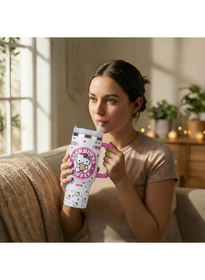 هالو كيتي مج حراري ستانلس ستيل 1200 مل بتصميم كيتي كافيه - كوب سفر كبير مع يد وشفاطة - حافظ للحرارة والبرودة - مناسب للجامعة والمكتب والسيارة - Image 3