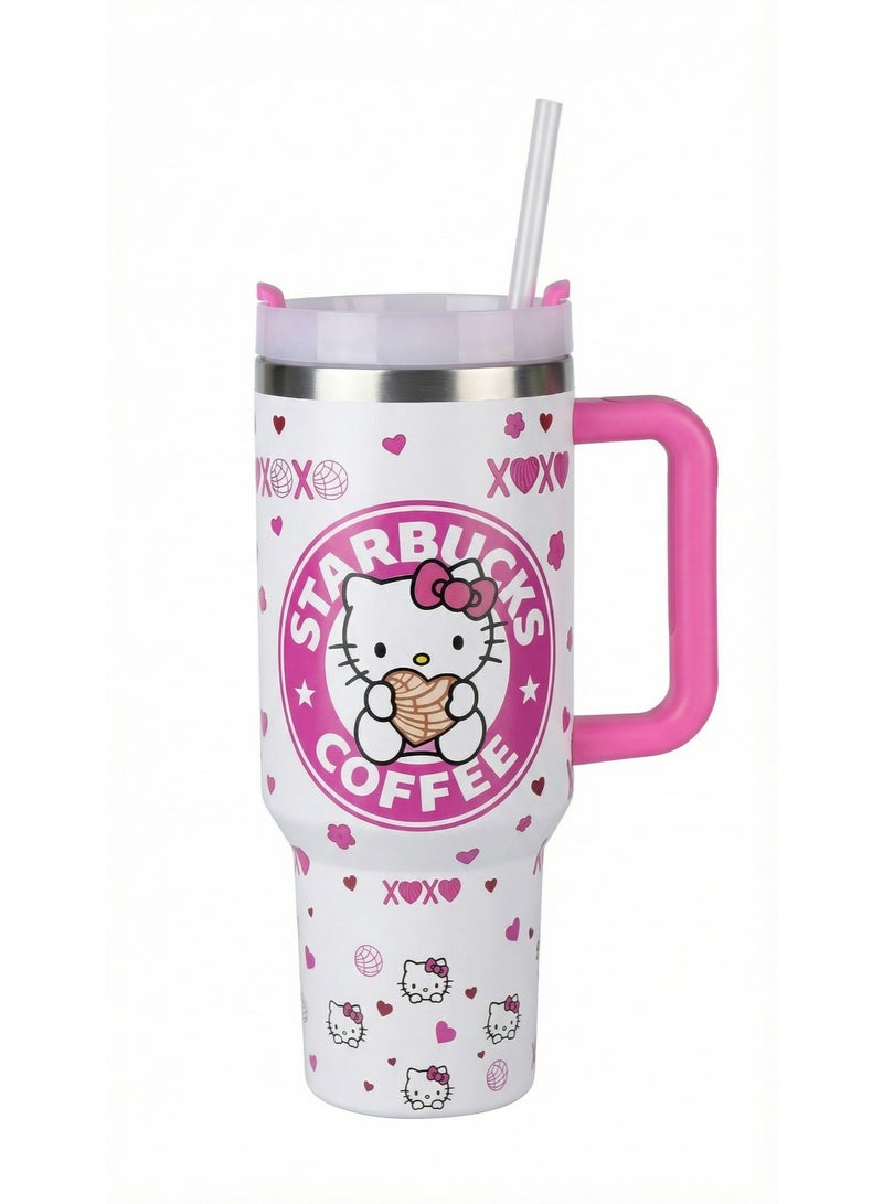 هالو كيتي مج حراري ستانلس ستيل 1200 مل بتصميم كيتي كافيه - كوب سفر كبير مع يد وشفاطة - حافظ للحرارة والبرودة - مناسب للجامعة والمكتب والسيارة - Image 1