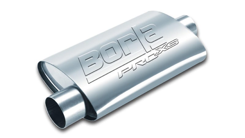 BORLA 40665 ProXS Universal Muffler 25 Offet Inlet 25 Center Outlet 4 x 95 Oval x 19 Long Body 24 Overall Length UnNotched Necks Reversible Design T304 Stainless Steel Universal