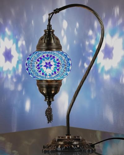 DEMMEX Turkish Moroccan Mosaic Table Lamp Handcrafted TiffanyStyle Colorful Glass Swan Neck Bedside Desk Table Light Boho Artisan Accent Lighting for Bedroom or Living Room 15 H Blue - Image 1