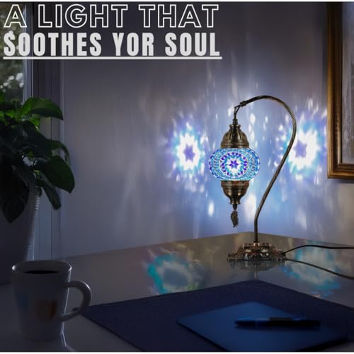 DEMMEX Turkish Moroccan Mosaic Table Lamp Handcrafted TiffanyStyle Colorful Glass Swan Neck Bedside Desk Table Light Boho Artisan Accent Lighting for Bedroom or Living Room 15 H Blue - Image 3