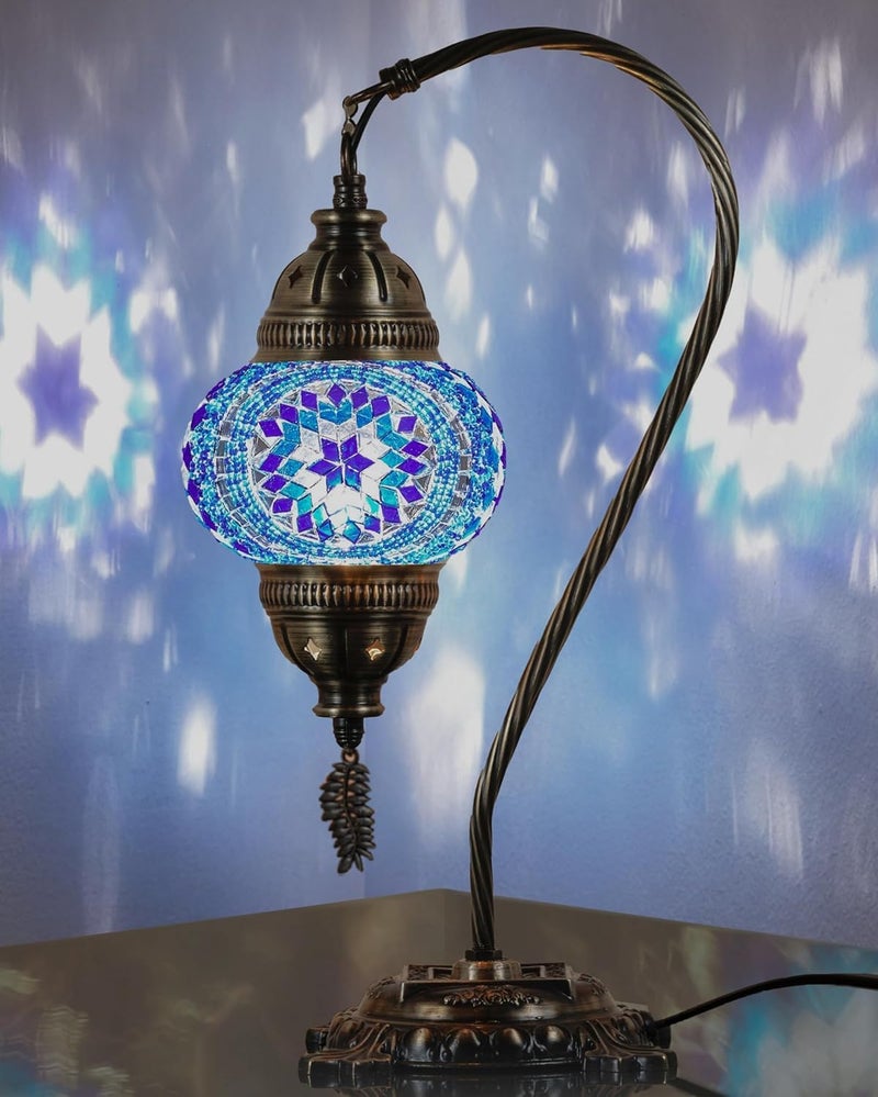 DEMMEX Turkish Moroccan Mosaic Table Lamp Handcrafted TiffanyStyle Colorful Glass Swan Neck Bedside Desk Table Light Boho Artisan Accent Lighting for Bedroom or Living Room 15 H Blue - Image 2