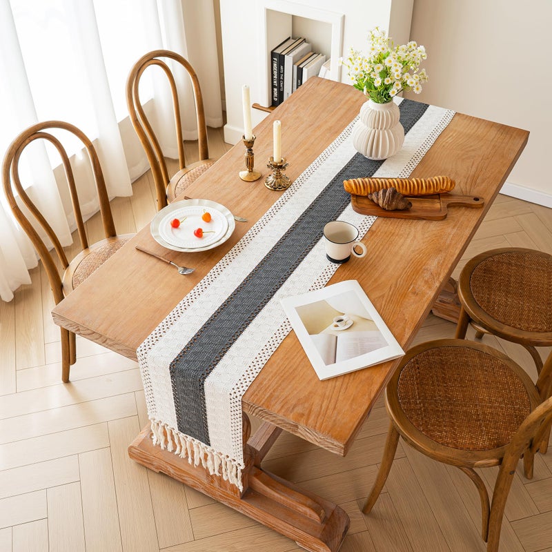 FEXIA Boho Table Runner for Christmas Home Decor with Tassels 72 Inches Long Farmhouse Grey Rustic Table Runner Macrame Burlap Table Decoration for Living Room Bridal Shower(12x72 Inches) - Image 5