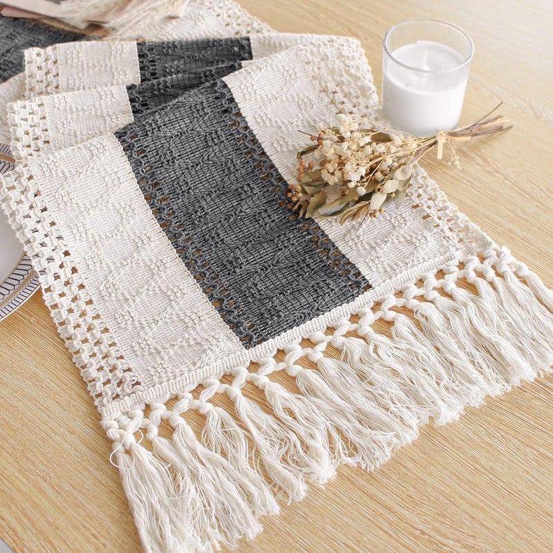 FEXIA Boho Table Runner for Christmas Home Decor with Tassels 72 Inches Long Farmhouse Grey Rustic Table Runner Macrame Burlap Table Decoration for Living Room Bridal Shower(12x72 Inches) - Image 1