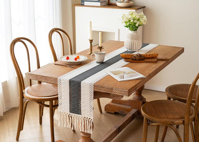 FEXIA Boho Table Runner for Christmas Home Decor with Tassels 72 Inches Long Farmhouse Grey Rustic Table Runner Macrame Burlap Table Decoration for Living Room Bridal Shower(12x72 Inches) - Image 4