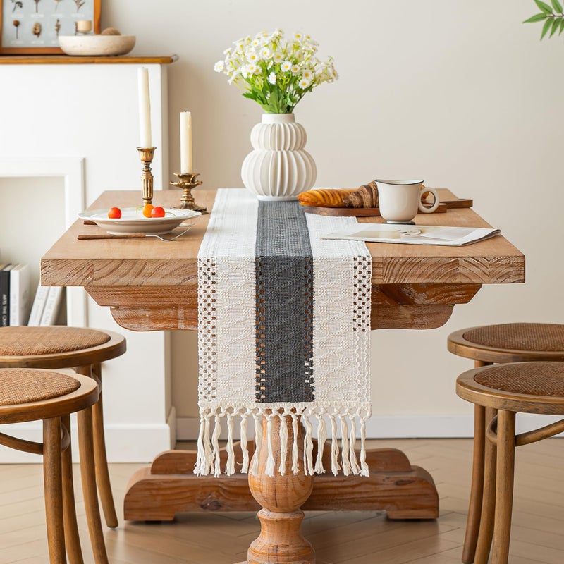 FEXIA Boho Table Runner for Christmas Home Decor with Tassels 72 Inches Long Farmhouse Grey Rustic Table Runner Macrame Burlap Table Decoration for Living Room Bridal Shower(12x72 Inches) - Image 2