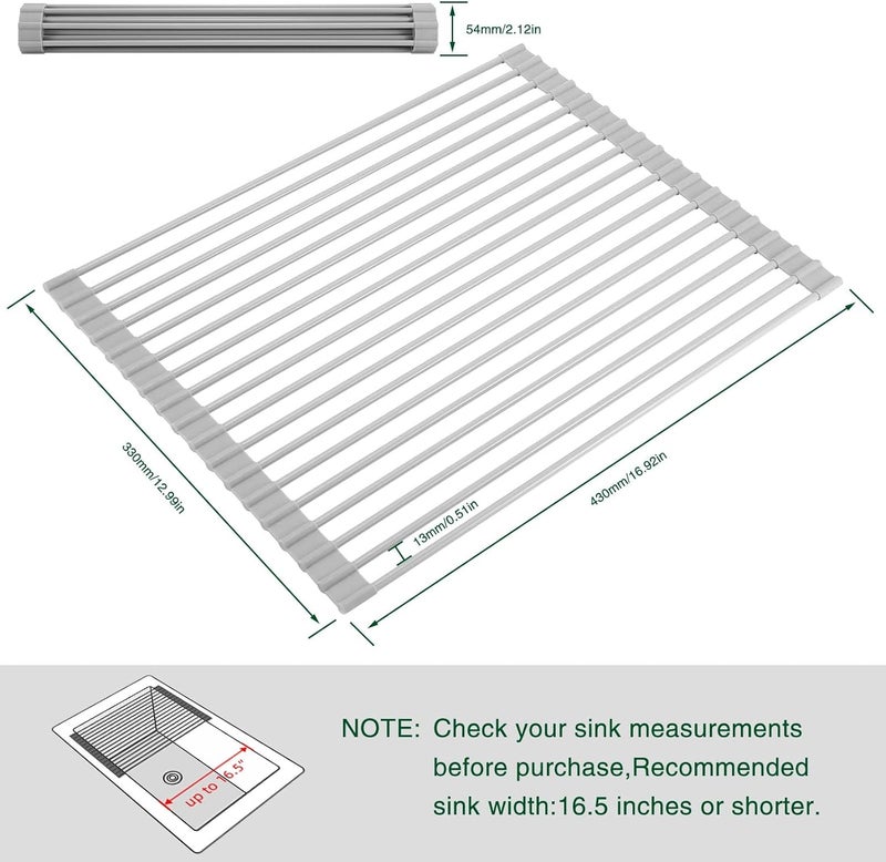 HANZENMA Roll Up Dish Drying Rack Over The Sink Kitchen Roll Up Sink Drying Rack Multipurpose Foldable Sink Drying Mat HeatResistant AntiSlip  AntiRust Dish Rack for Kitchen 17 x 13 Grey - Image 2