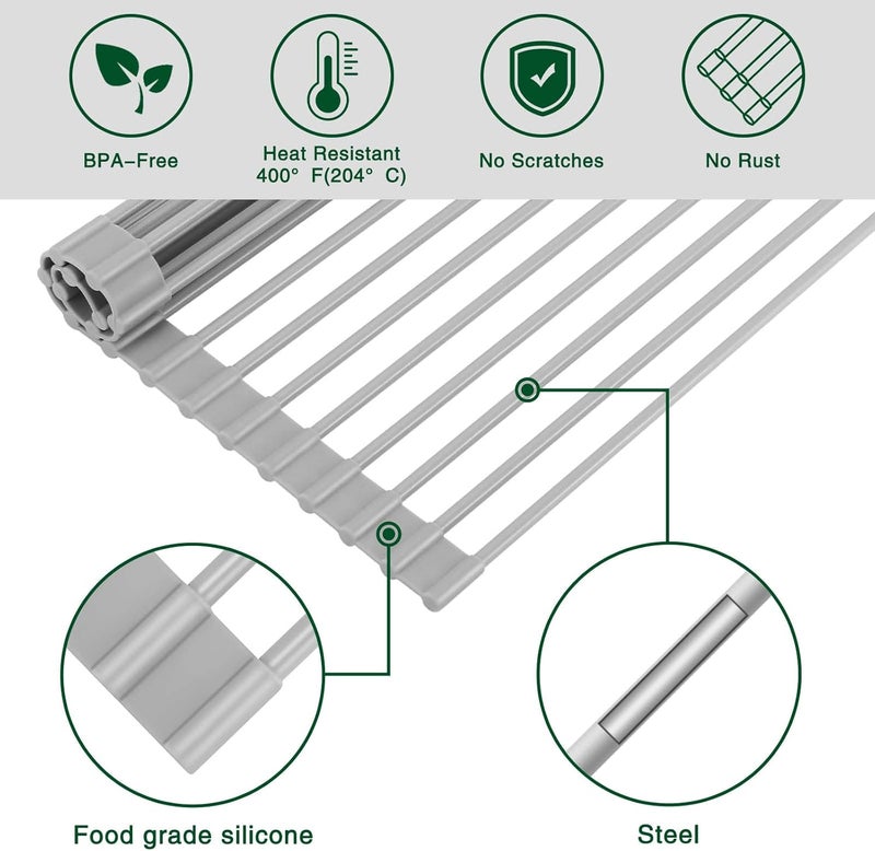 HANZENMA Roll Up Dish Drying Rack Over The Sink Kitchen Roll Up Sink Drying Rack Multipurpose Foldable Sink Drying Mat HeatResistant AntiSlip  AntiRust Dish Rack for Kitchen 17 x 13 Grey - Image 4