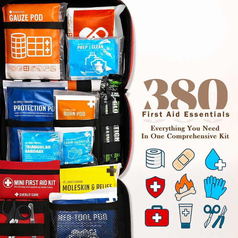 EVERLIT CARE 380 Pcs First Aid Kit AllPurpose Medical Essential Kit for Cuts Scrapes Burns Emergency Preparedness  for Home Office Car Travel Camping Outdoor Black - Image 5