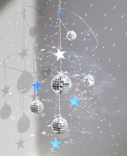 AceList Hanging Disco Ball Decor Suncatcher Silver Mirror Ball Window Prism for Aesthetic Room Decor 70s Retro Groovy Boho Party Supplies Sparkling Spiral Mobile Ornament with MultiSize Balls - Image 1