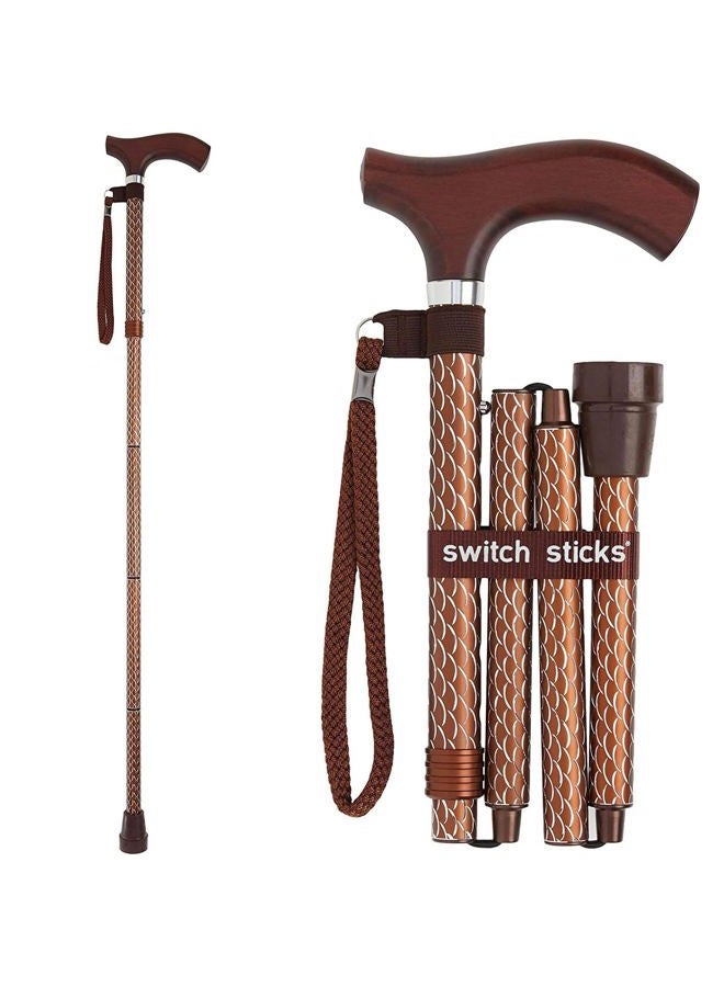 Switch Sticks Walking Cane for Men or Women, Foldable and Adjustable from 32-37 inches, Engraved Cognac - Image 1