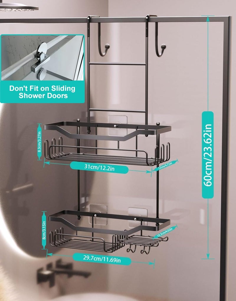 HapiRm Hanging Shower Caddy Over the Door with Soap Holder, No Drilling Adhesive Shower Organizer with 11 Hooks, Rustproof & Waterproof 304 Stainless Steel Bathroom Shelves - Black - Image 5