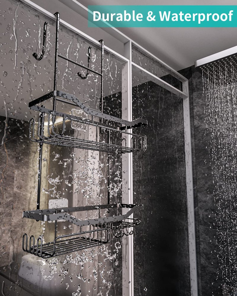 HapiRm Hanging Shower Caddy Over the Door with Soap Holder, No Drilling Adhesive Shower Organizer with 11 Hooks, Rustproof & Waterproof 304 Stainless Steel Bathroom Shelves - Black - Image 2
