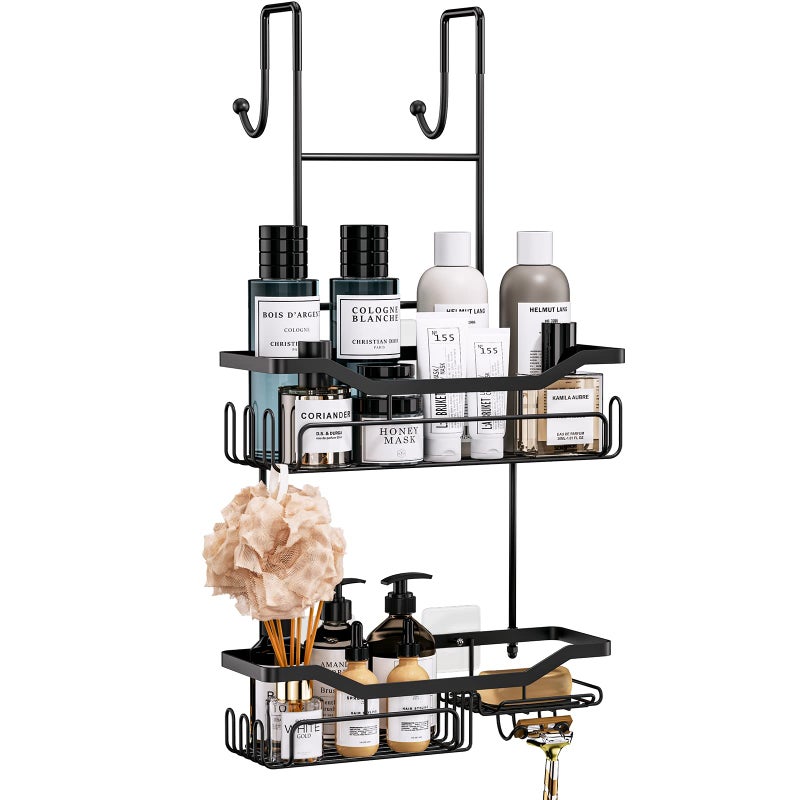 HapiRm Hanging Shower Caddy Over the Door with Soap Holder, No Drilling Adhesive Shower Organizer with 11 Hooks, Rustproof & Waterproof 304 Stainless Steel Bathroom Shelves - Black - Image 1
