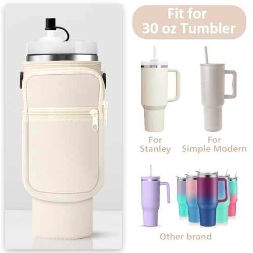 AceTreker Water Bottle Sleeve for Stanley 40/30 oz Tumbler Insulated Thermos Car Mug with Strap Carrier Pouch with Phone Pocket & Straw Cover for Stanley Cup Accessories-Cream - Image 2
