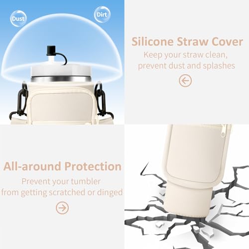 AceTreker Water Bottle Sleeve for Stanley 40/30 oz Tumbler Insulated Thermos Car Mug with Strap Carrier Pouch with Phone Pocket & Straw Cover for Stanley Cup Accessories-Cream - Image 5
