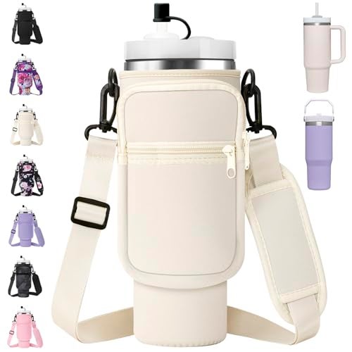 AceTreker Water Bottle Sleeve for Stanley 40/30 oz Tumbler Insulated Thermos Car Mug with Strap Carrier Pouch with Phone Pocket & Straw Cover for Stanley Cup Accessories-Cream - Image 1