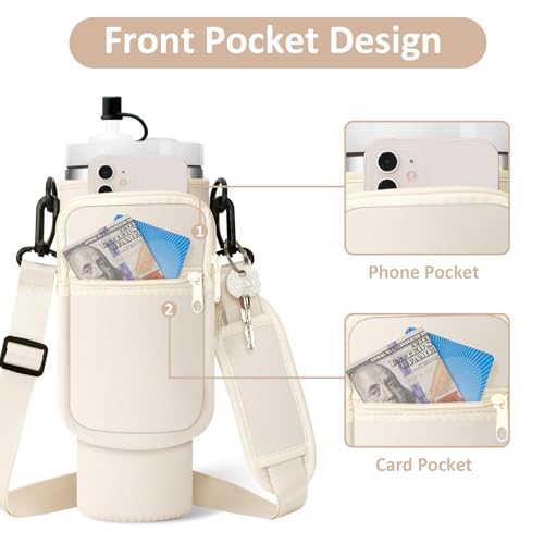 AceTreker Water Bottle Sleeve for Stanley 40/30 oz Tumbler Insulated Thermos Car Mug with Strap Carrier Pouch with Phone Pocket & Straw Cover for Stanley Cup Accessories-Cream - Image 4