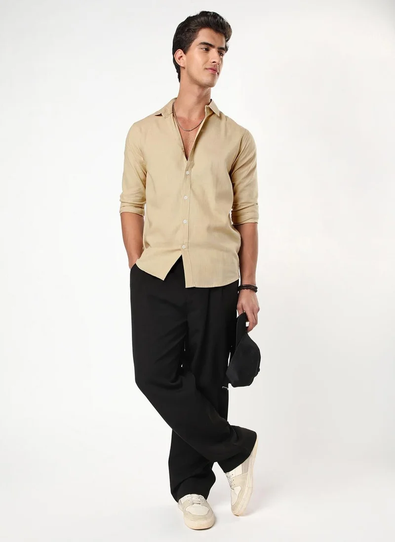 Urbano Fashion  Urbano Fashion Men's Beige Linen Blend Full Sleeve Relaxed Fit Casual Solid Shirt for Men | Best Price UAE