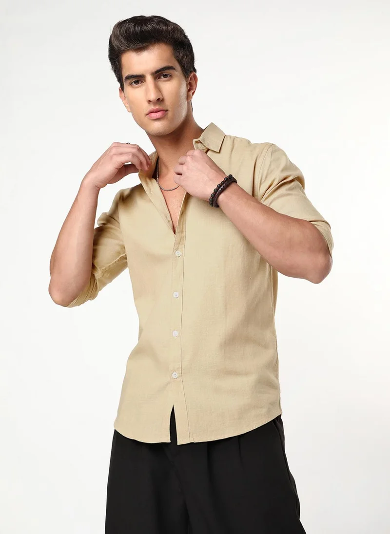 Urbano Fashion  Urbano Fashion Men's Beige Linen Blend Full Sleeve Relaxed Fit Casual Solid Shirt for Men | Best Price UAE