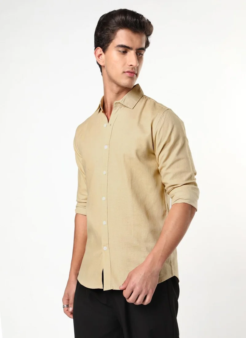 Urbano Fashion Men's Beige Linen Blend Full Sleeve Relaxed Fit Casual Solid Shirt
