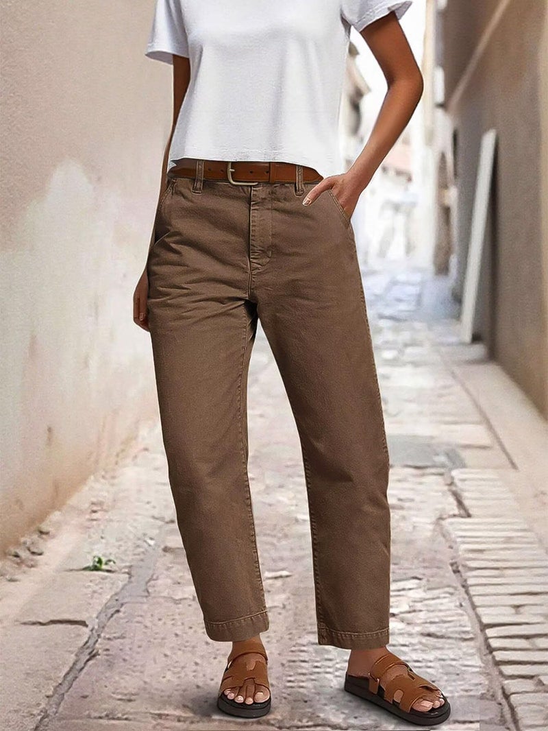 Flamingals Straight Leg Low Rise Barrel Pants Casual Stretchy Vintage Carrot Chino Pants for Women Trendy Without Belts Caramel XL - Image 2