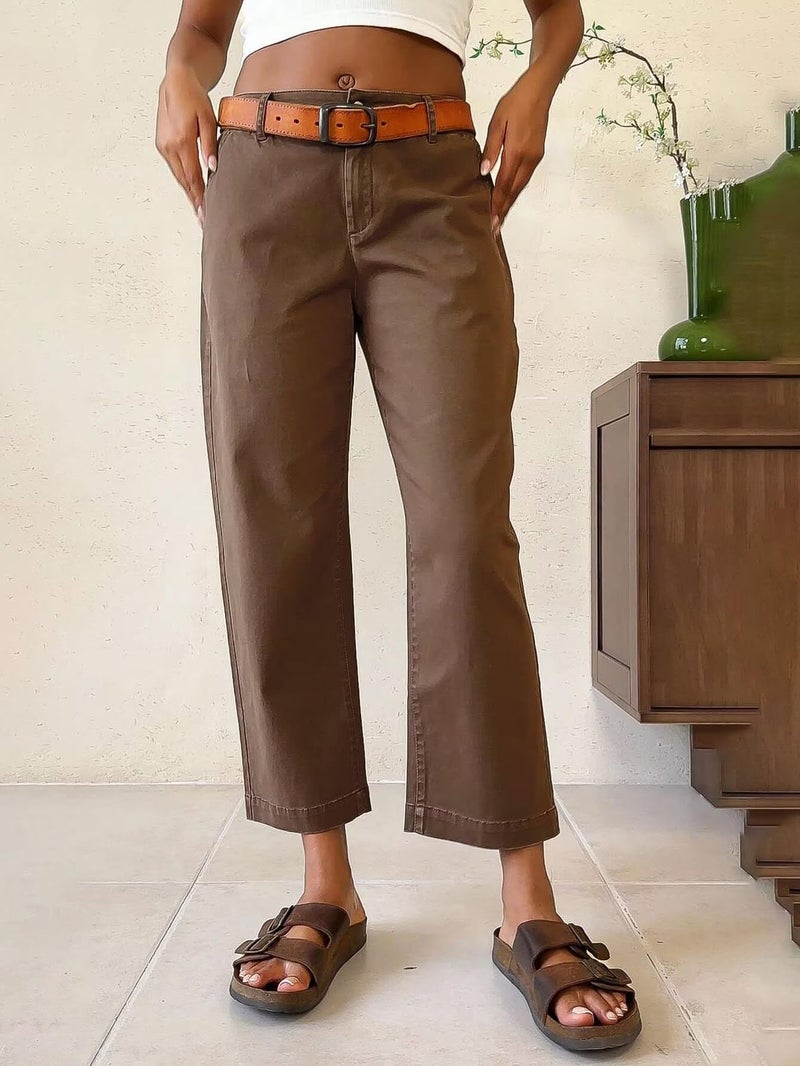 Flamingals Straight Leg Low Rise Barrel Pants Casual Stretchy Vintage Carrot Chino Pants for Women Trendy Without Belts Caramel XL - Image 4