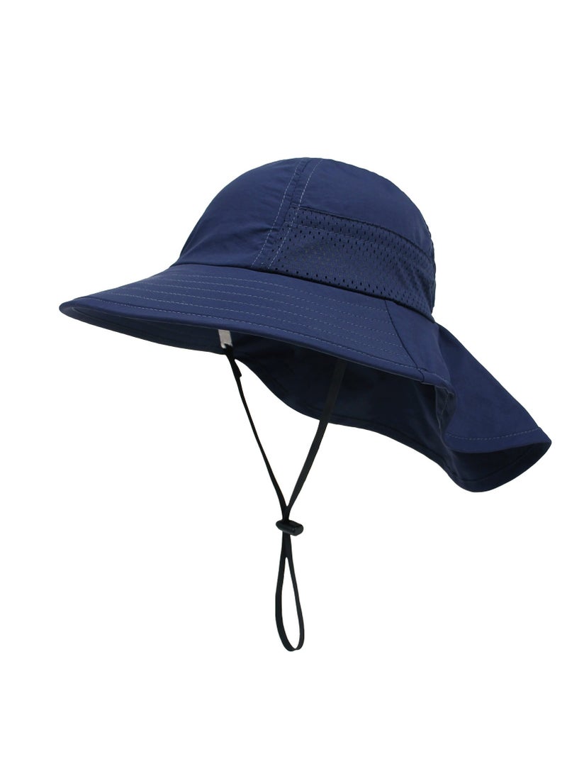 قبعة حماية من الشمس للأطفال الصغار الأولاد والبنات قبعة شمسية ذات حافة عريضة وغطاء للرقبة قبعات للعب على الشاطئ(أزرق داكن - L) - Image 1
