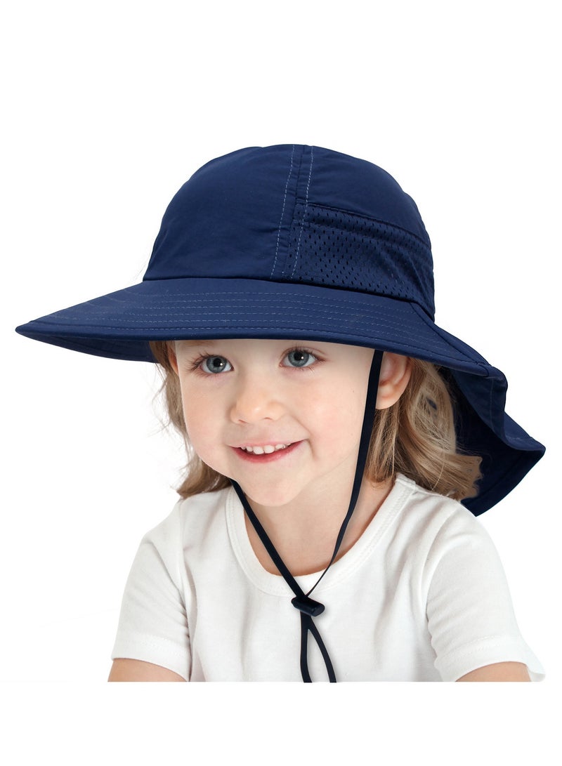 قبعة حماية من الشمس للأطفال الصغار الأولاد والبنات قبعة شمسية ذات حافة عريضة وغطاء للرقبة قبعات للعب على الشاطئ(أزرق داكن - L) - Image 2