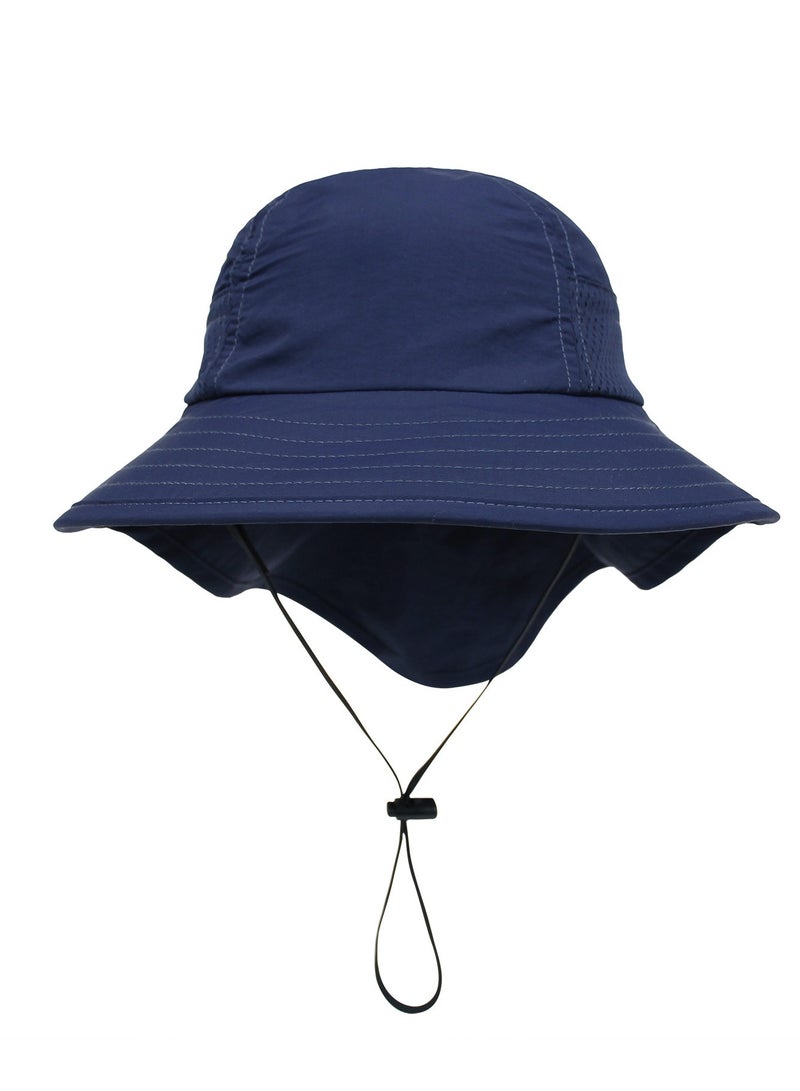 قبعة حماية من الشمس للأطفال الصغار الأولاد والبنات قبعة شمسية ذات حافة عريضة وغطاء للرقبة قبعات للعب على الشاطئ(أزرق داكن - L) - Image 3