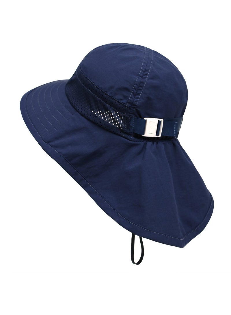 قبعة حماية من الشمس للأطفال الصغار الأولاد والبنات قبعة شمسية ذات حافة عريضة وغطاء للرقبة قبعات للعب على الشاطئ(أزرق داكن - L) - Image 4